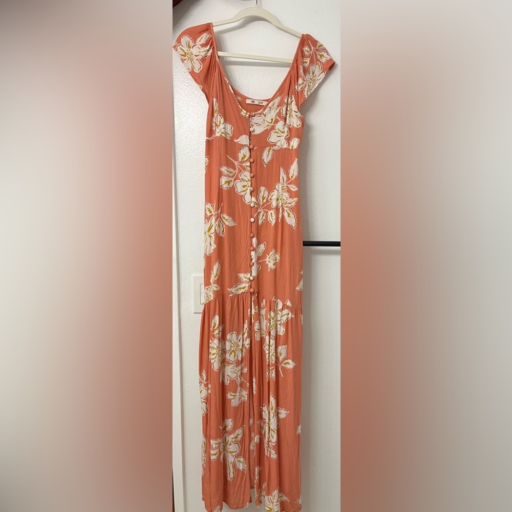 Rip Curl Button-Front Maxi Dress in Coral and White Floral - Picture 2 of 5